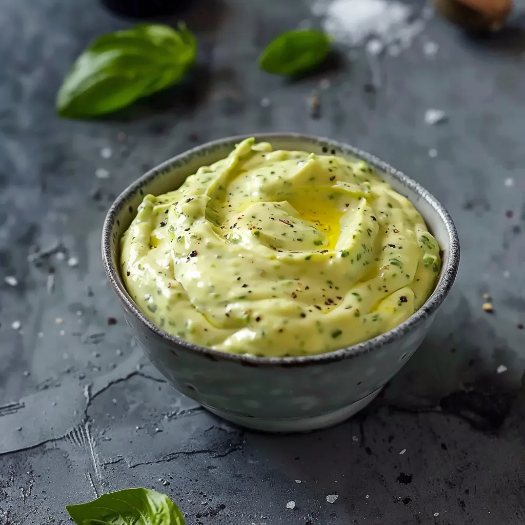 A bowl of pesto aioli, a creamy green sauce with hints of basil, garlic, and olive oil.