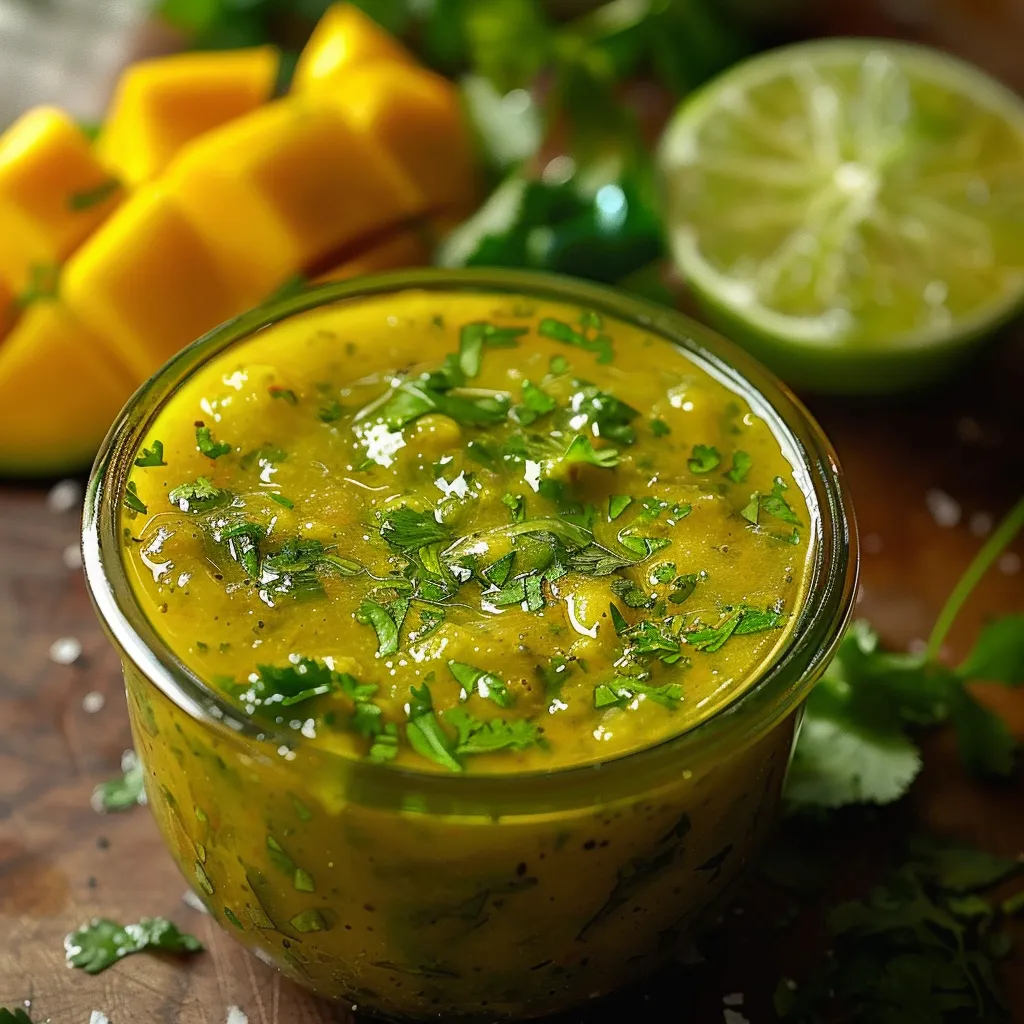 A vibrant mix of fresh cilantro, mango, and lime blended into a creamy sauce.