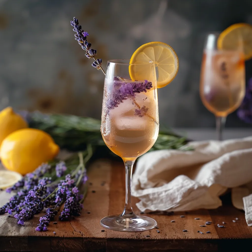 A bright lavender spritz cocktail with a bubbly sparkle, garnished with floral hints.