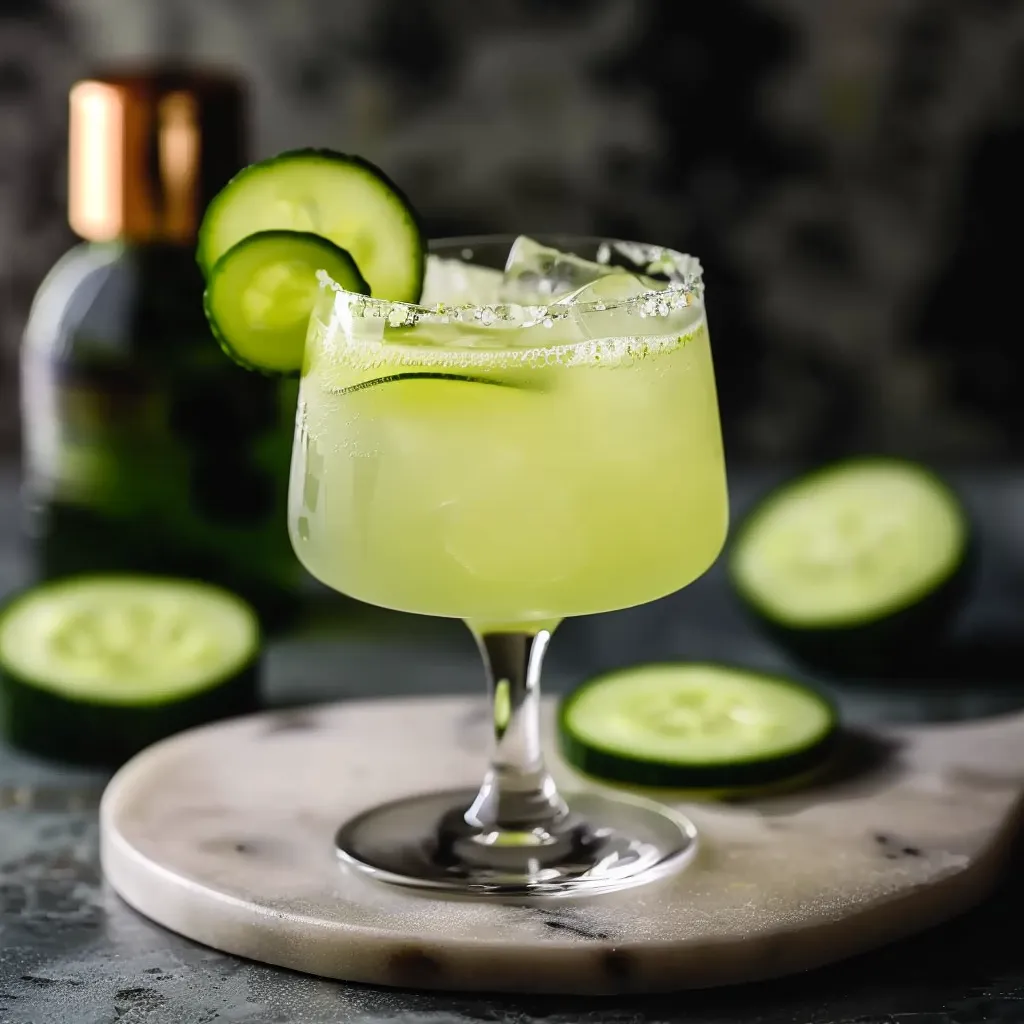 Elderflower cucumber spritz served over ice, garnished with cucumber slices.