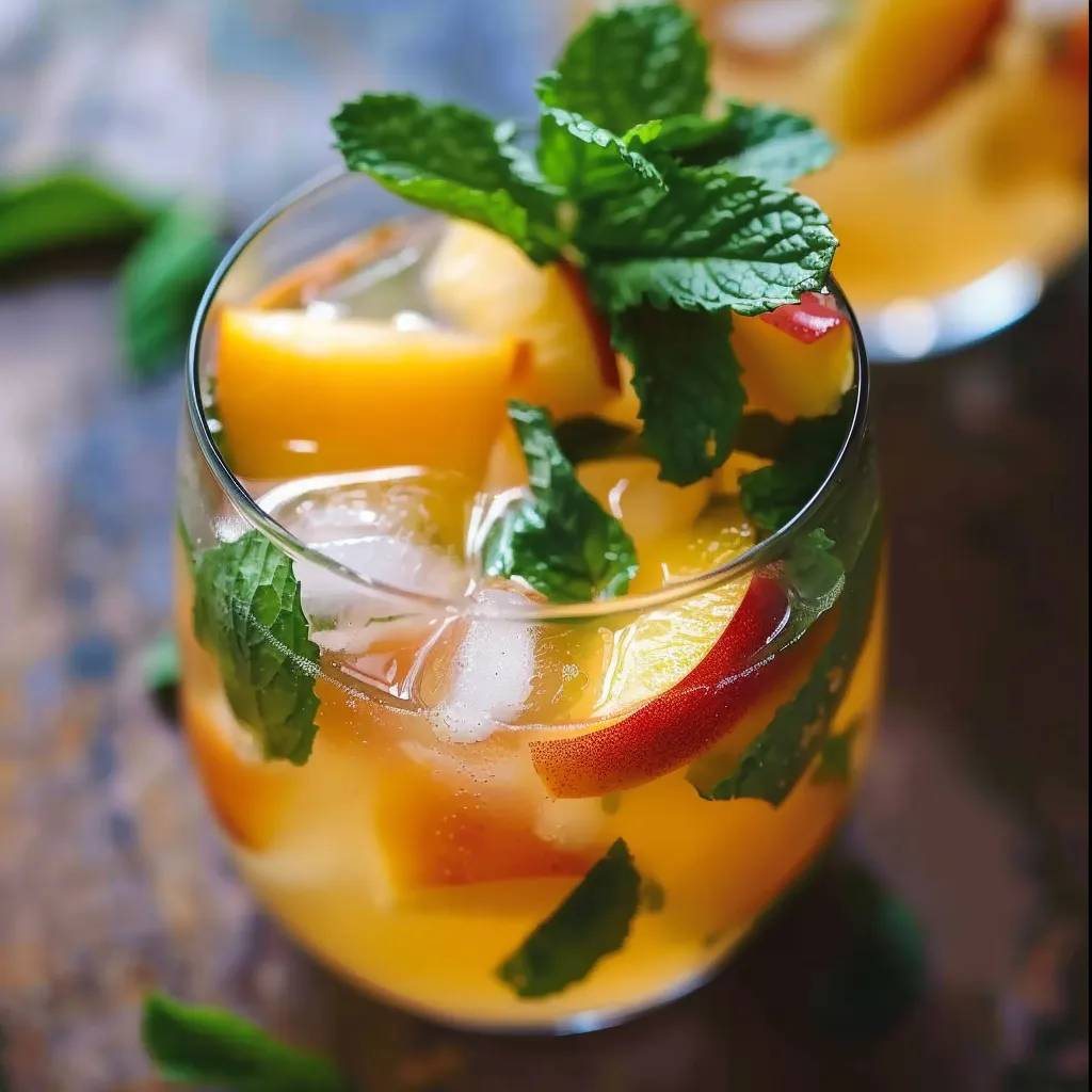 Bright and bubbly pineapple peach mojito mocktail with mint and lime garnish.