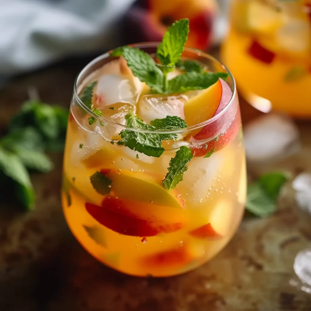 Non-alcoholic mojito mocktail with juicy pineapple, peach, and a hint of mint.