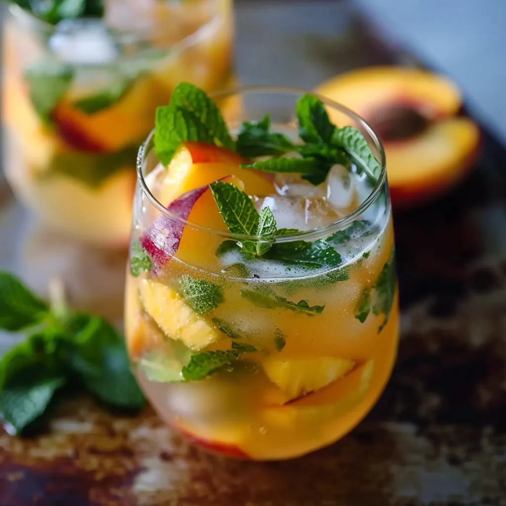 Pineapple peach mojito mocktail served over ice, perfect for a tropical treat.