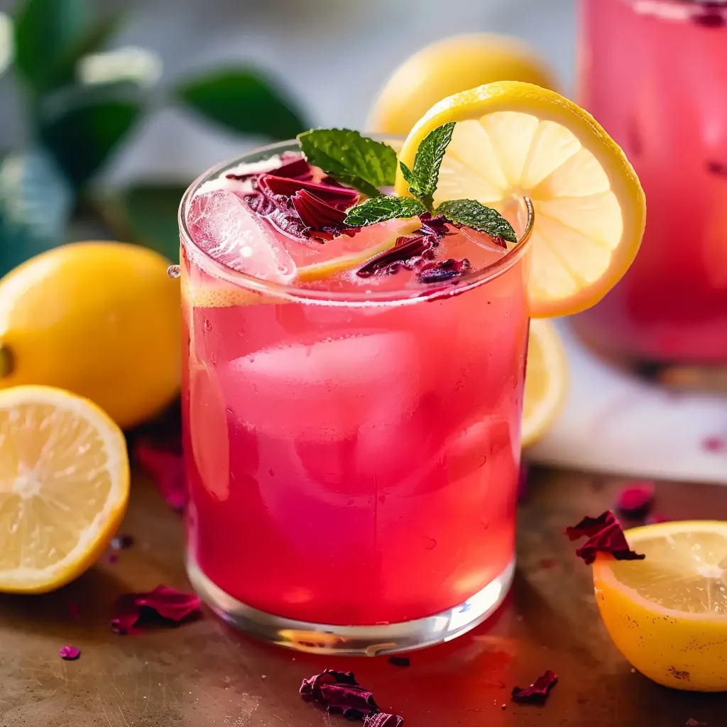 A bright pink glass of hibiscus lemonade bursting with sweet-tart flavors.