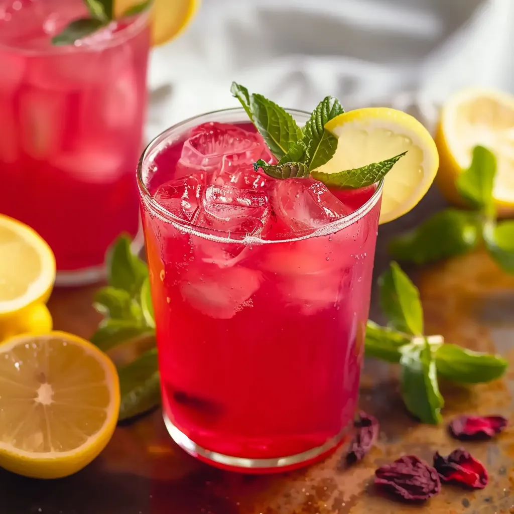 Refreshing hibiscus lemonade served over ice, garnished with lemon slices.