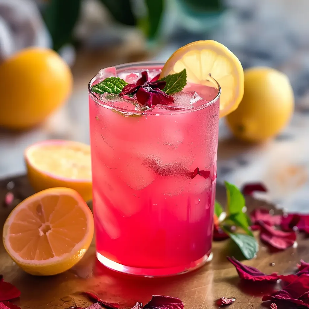 Homemade hibiscus lemonade, a perfect blend of floral hibiscus and zesty lemon.