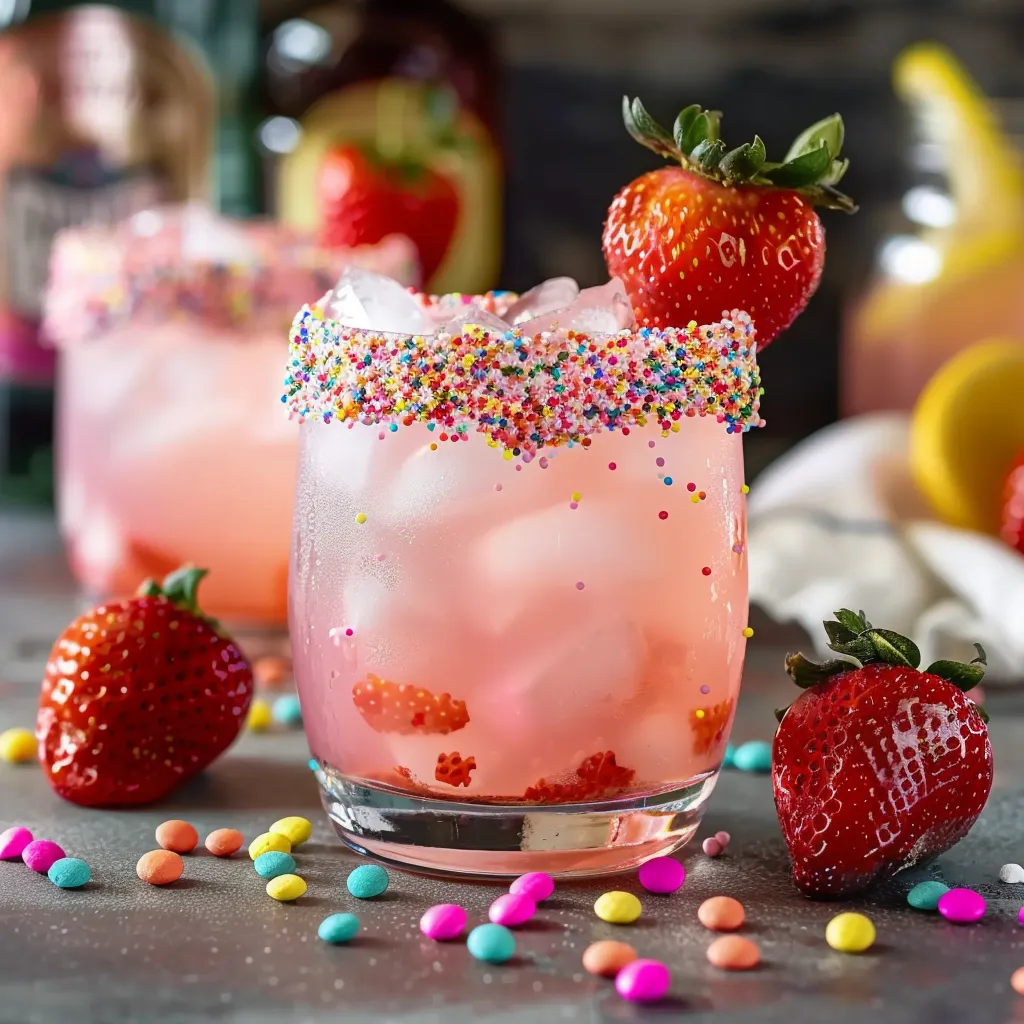 Colorful Drunk Bunny cocktail with coconut rum, pink lemonade, and fresh strawberry garnish.