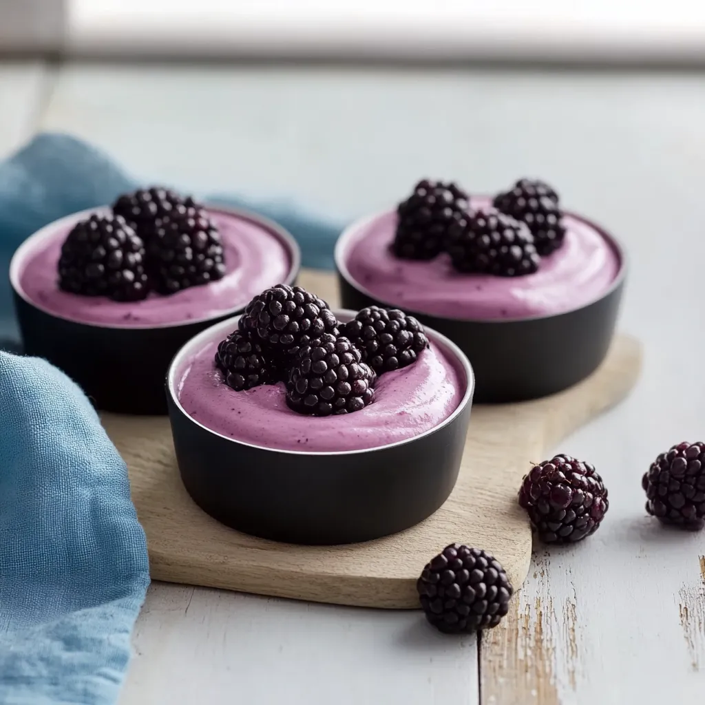 Creamy blackberry mousse in elegant glasses with fresh berries and mint on top.