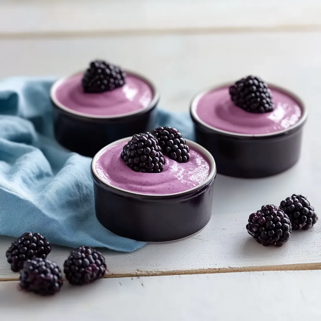 Smooth blackberry mousse with a rich purple hue, served in elegant glasses.