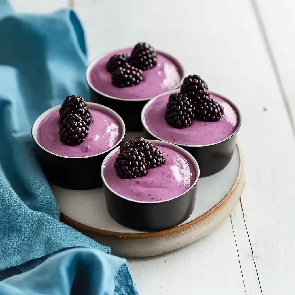 Fresh blackberry mousse with a silky texture and a hint of sweetness.