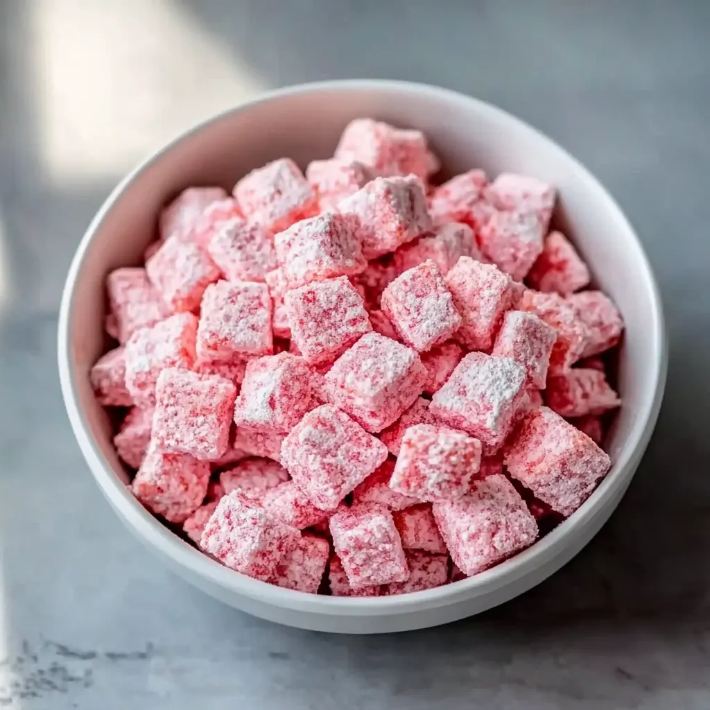 Crunchy pink strawberry shortcake puppy chow coated with white chocolate and sugar powder.