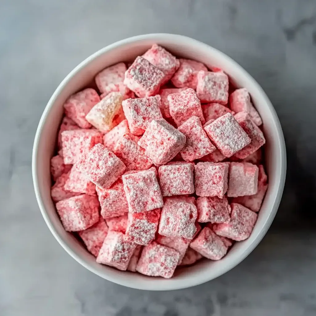 Easy strawberry shortcake puppy chow with crushed cookies and a creamy strawberry flavor.