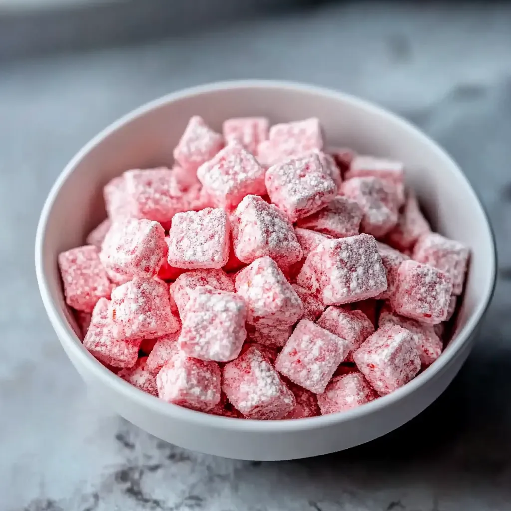 A bowl of strawberry shortcake puppy chow, perfect for a sweet and crunchy treat.