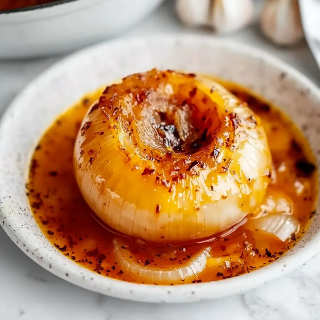 A small onion is cooked in a brown sauce, placed in a bowl on a table.