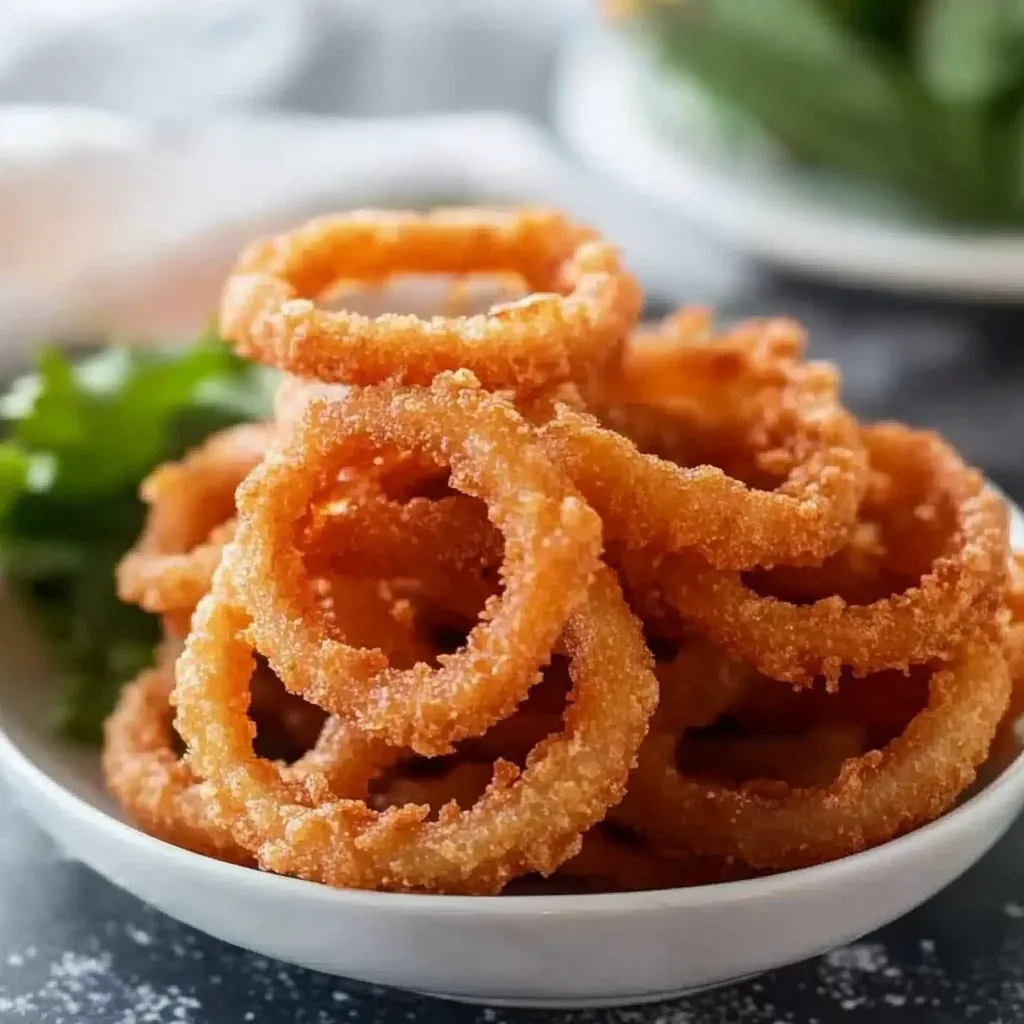 Fresh golden fried onion rings with a crispy coating, perfect for a snack or side dish.