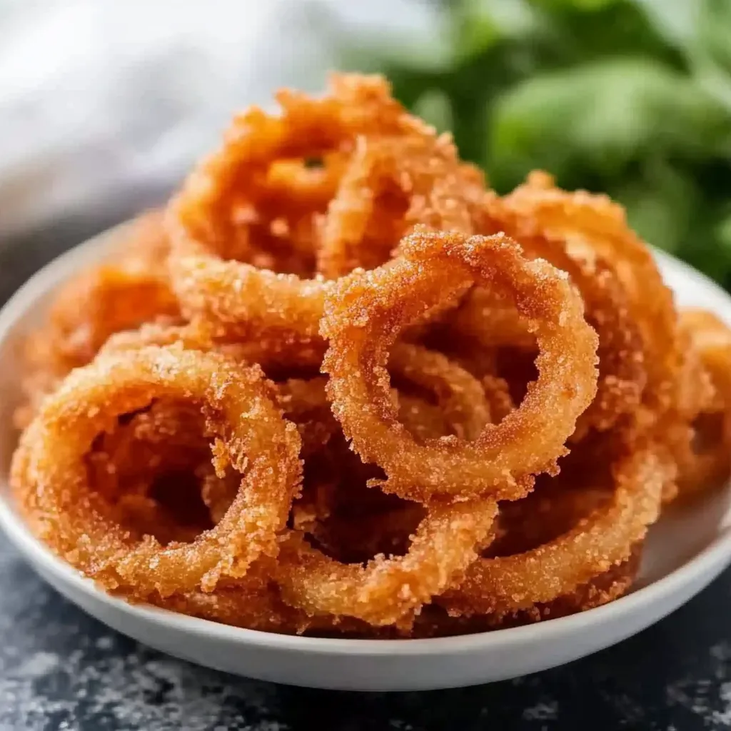 Freshly fried onion rings served hot with a side of dipping sauce.