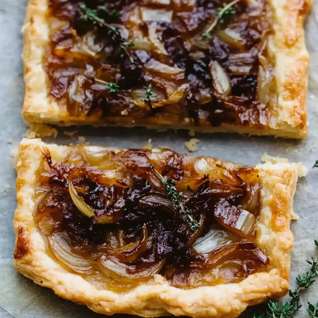 Golden onion tart with caramelized layers and a flaky crust.