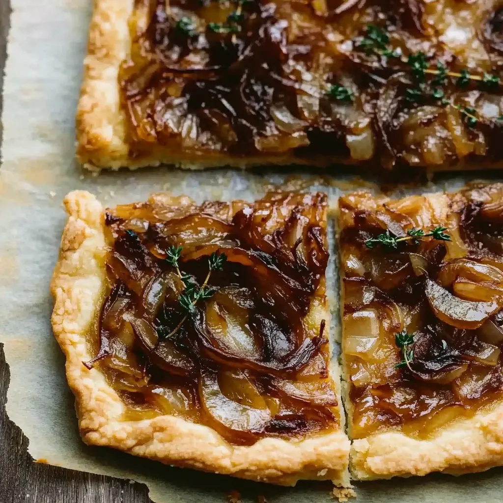 Buttery tart topped with sweet caramelized onions and fresh herbs.