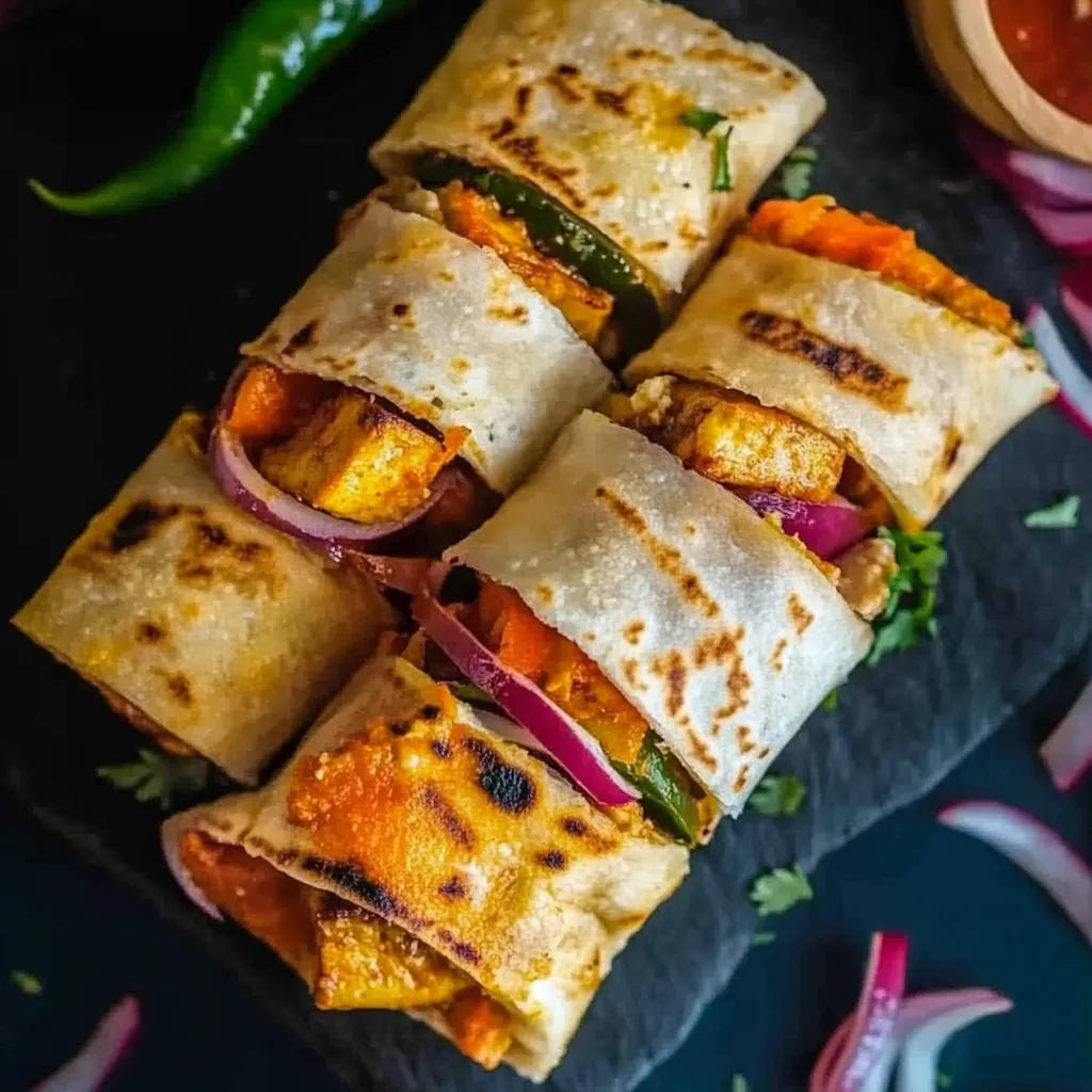 Delicious paneer kathi roll filled with marinated paneer, onions, and tangy sauce.