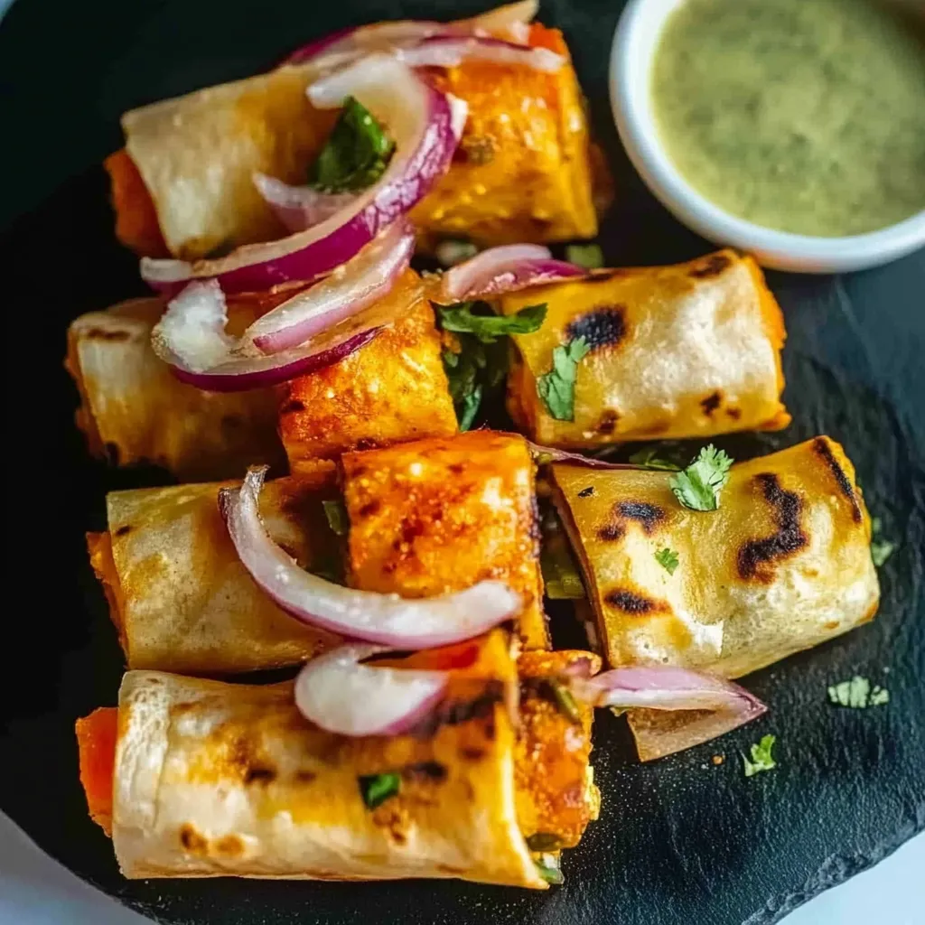 Indian street-style paneer kathi roll with grilled paneer and flavorful spices.