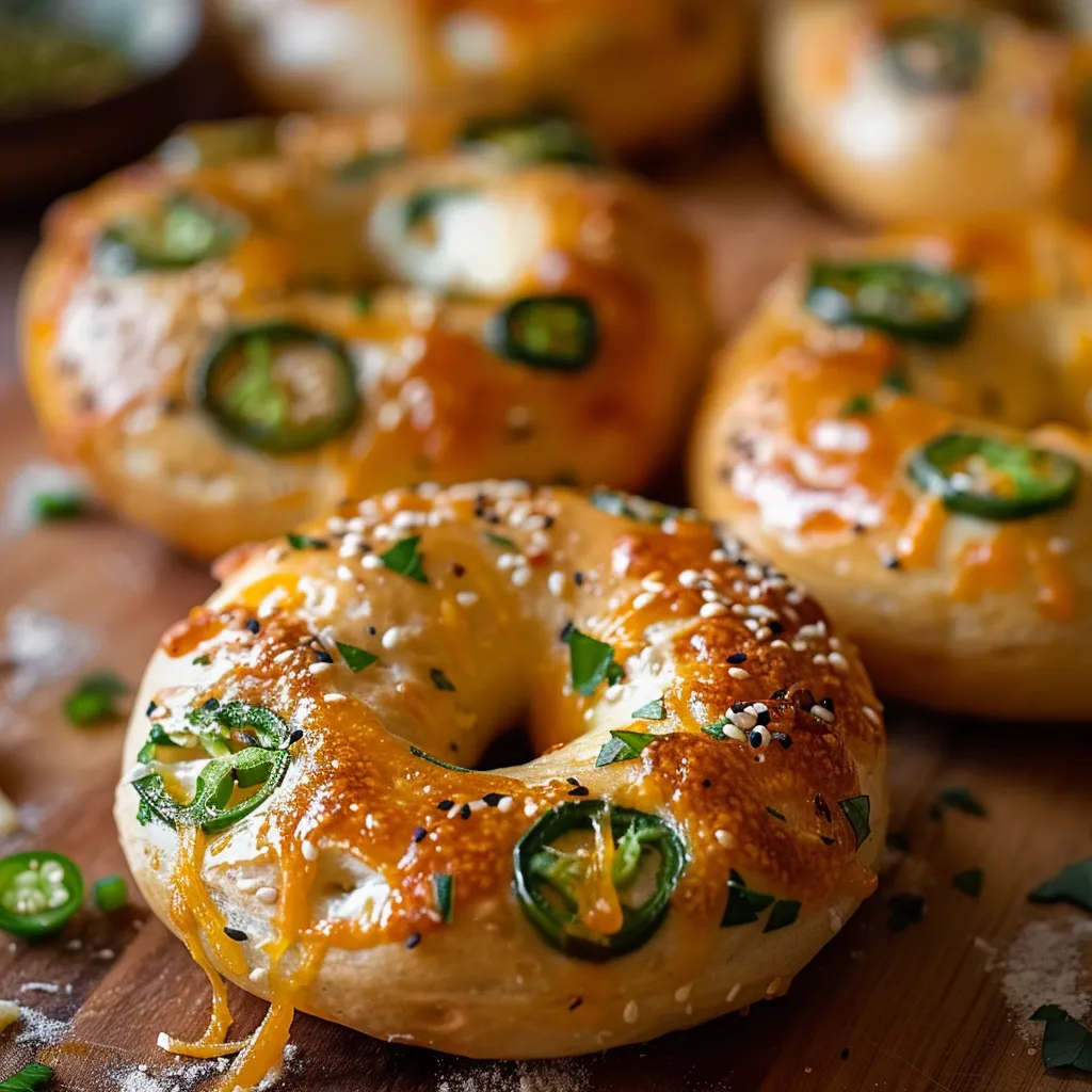 A spread of fresh, cheesy bagels topped with jalapeños and cheddar.