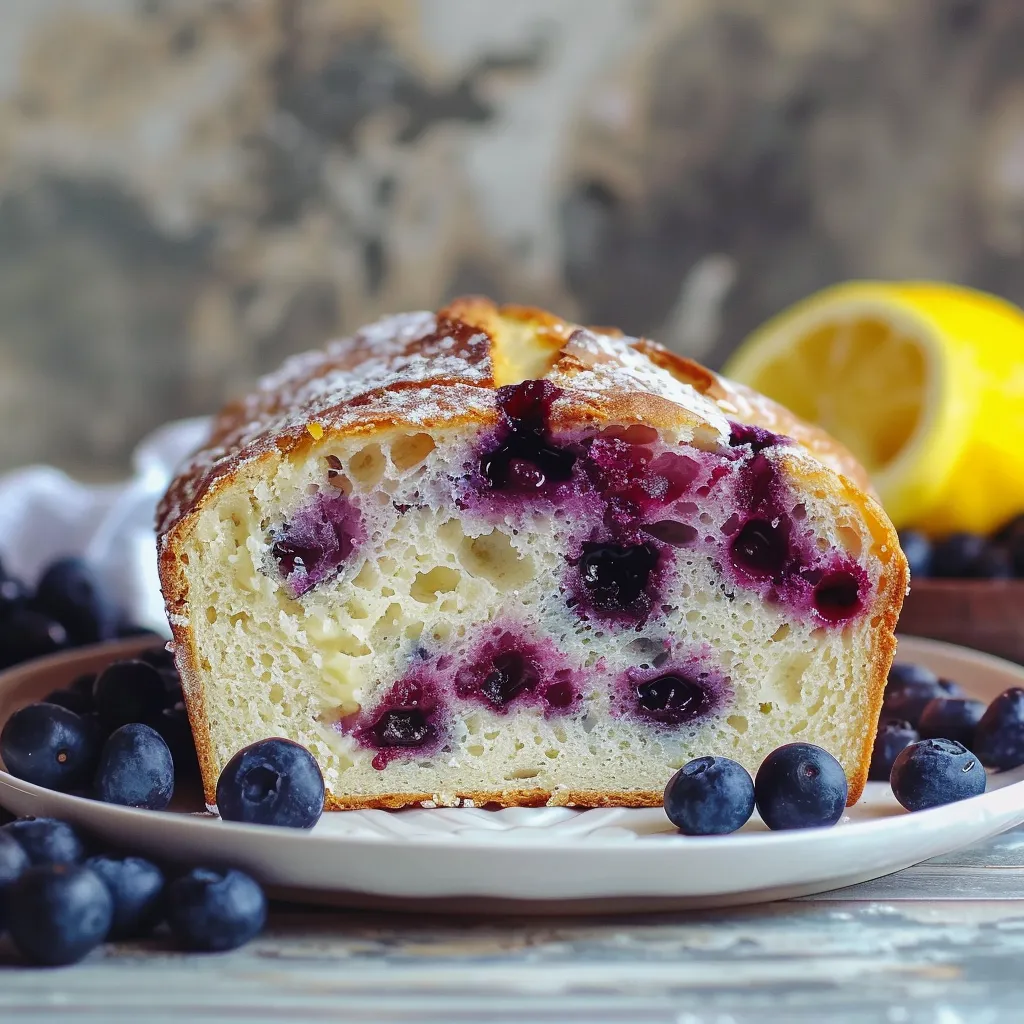 A slice of blueberry bread with a lemon wedge on the side.