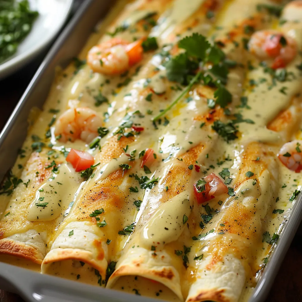 A delicious meal of shrimp and cheese enchiladas in a pan.