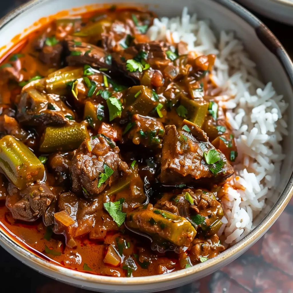 A hearty bowl of stew with tender beef, rice, and fresh vegetables.