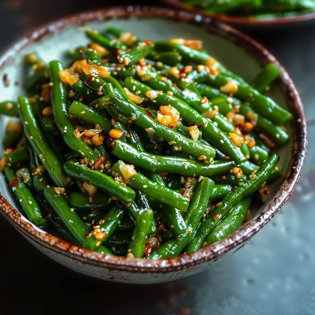 A bowl of green beans with seasoning.