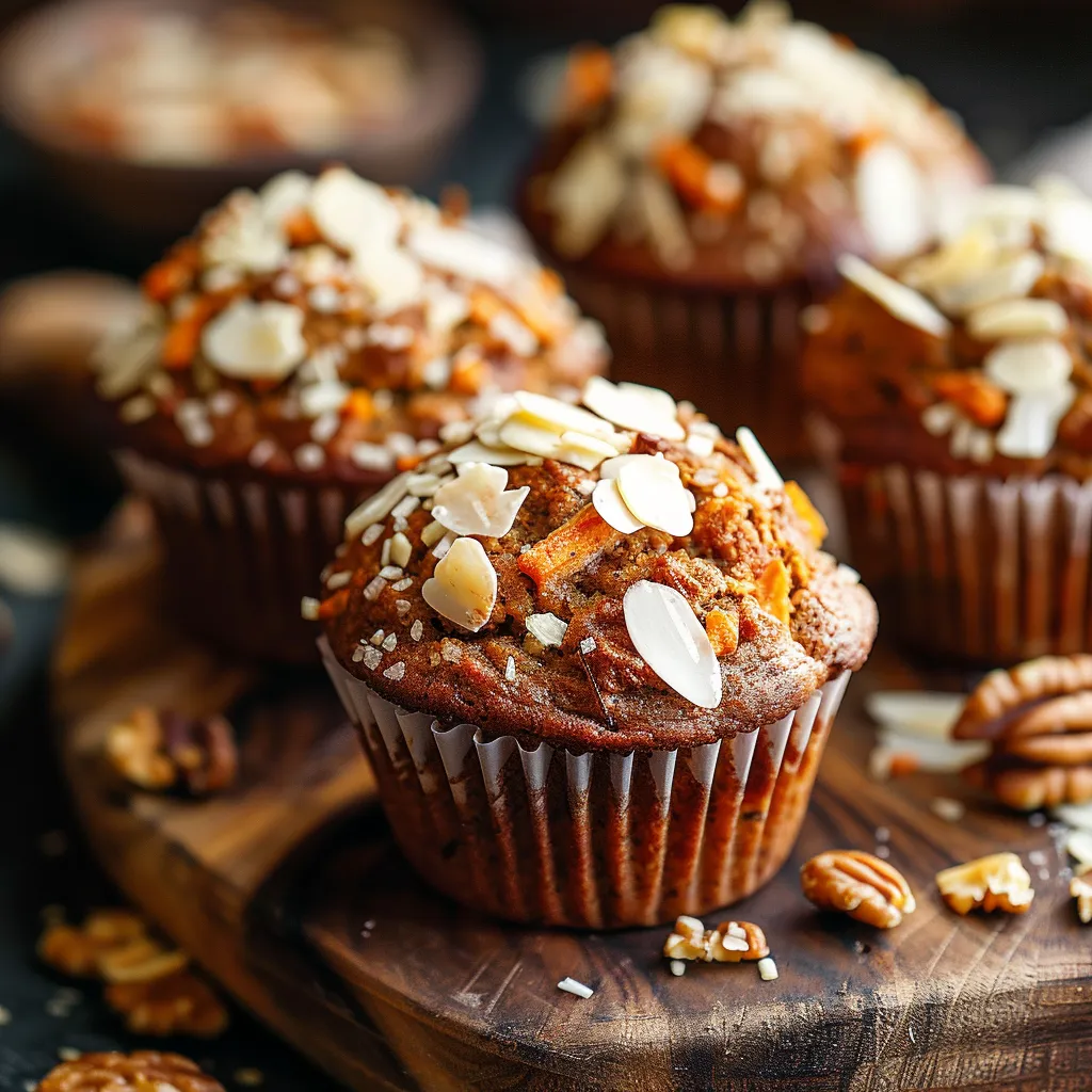 A wooden table with a plate of muffins and nuts.