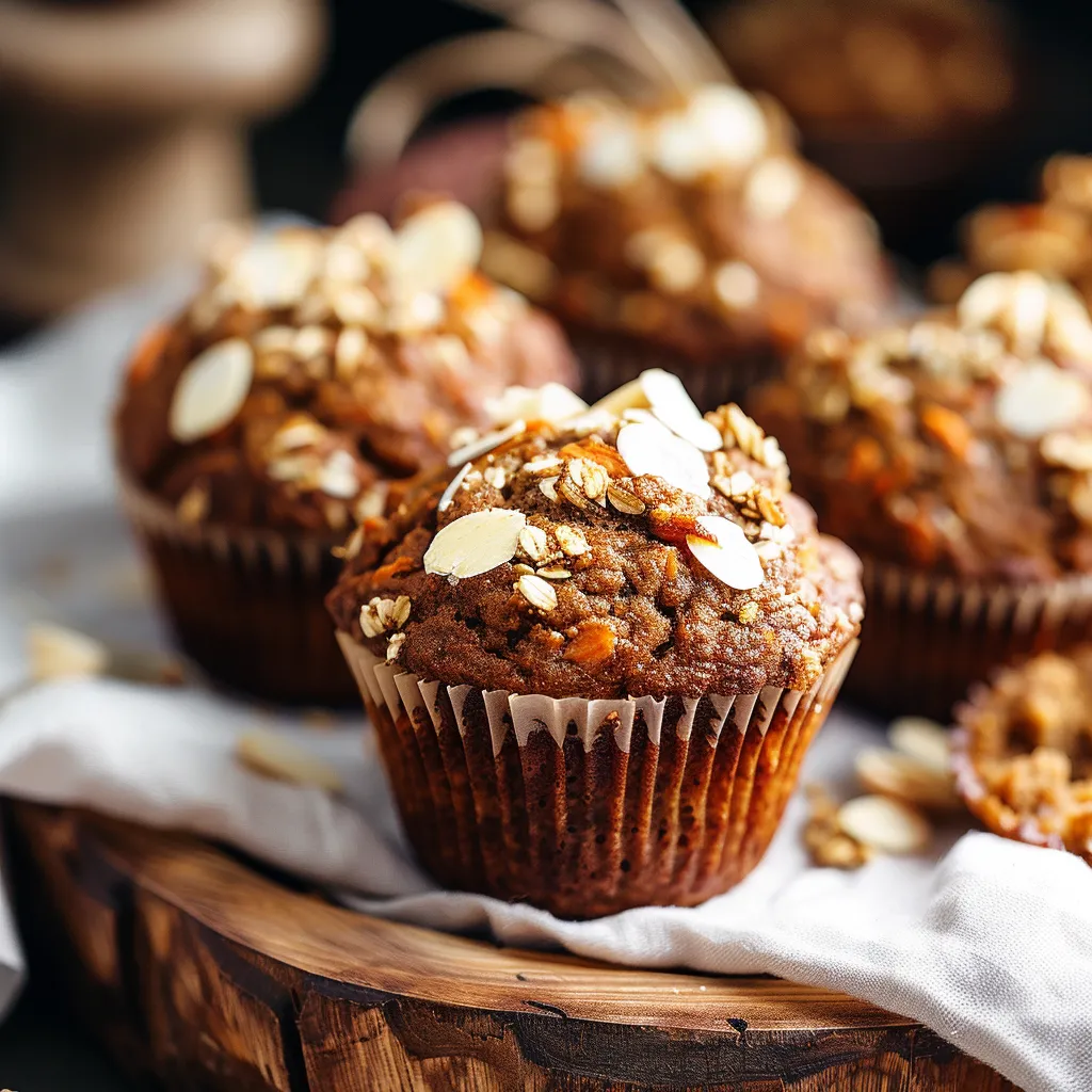 A wooden tray with a white cloth and a variety of muffins with different toppings.