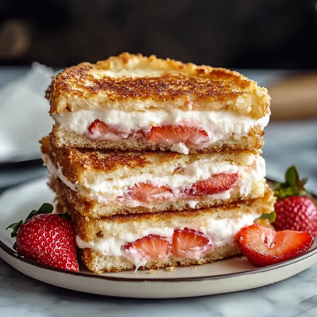 A stack of sandwiches with strawberries and whipped cream on top.