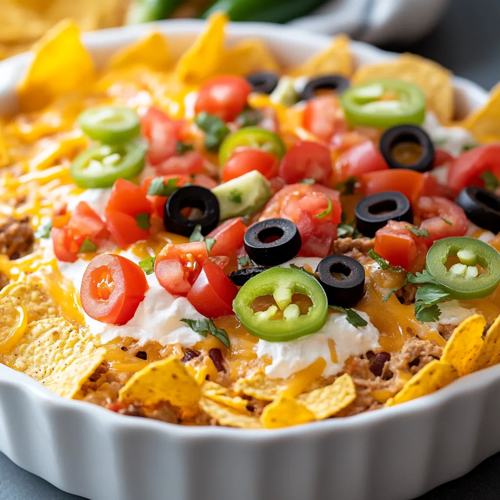 A delicious Mexican dish with chips, tomatoes, olives, and cheese.