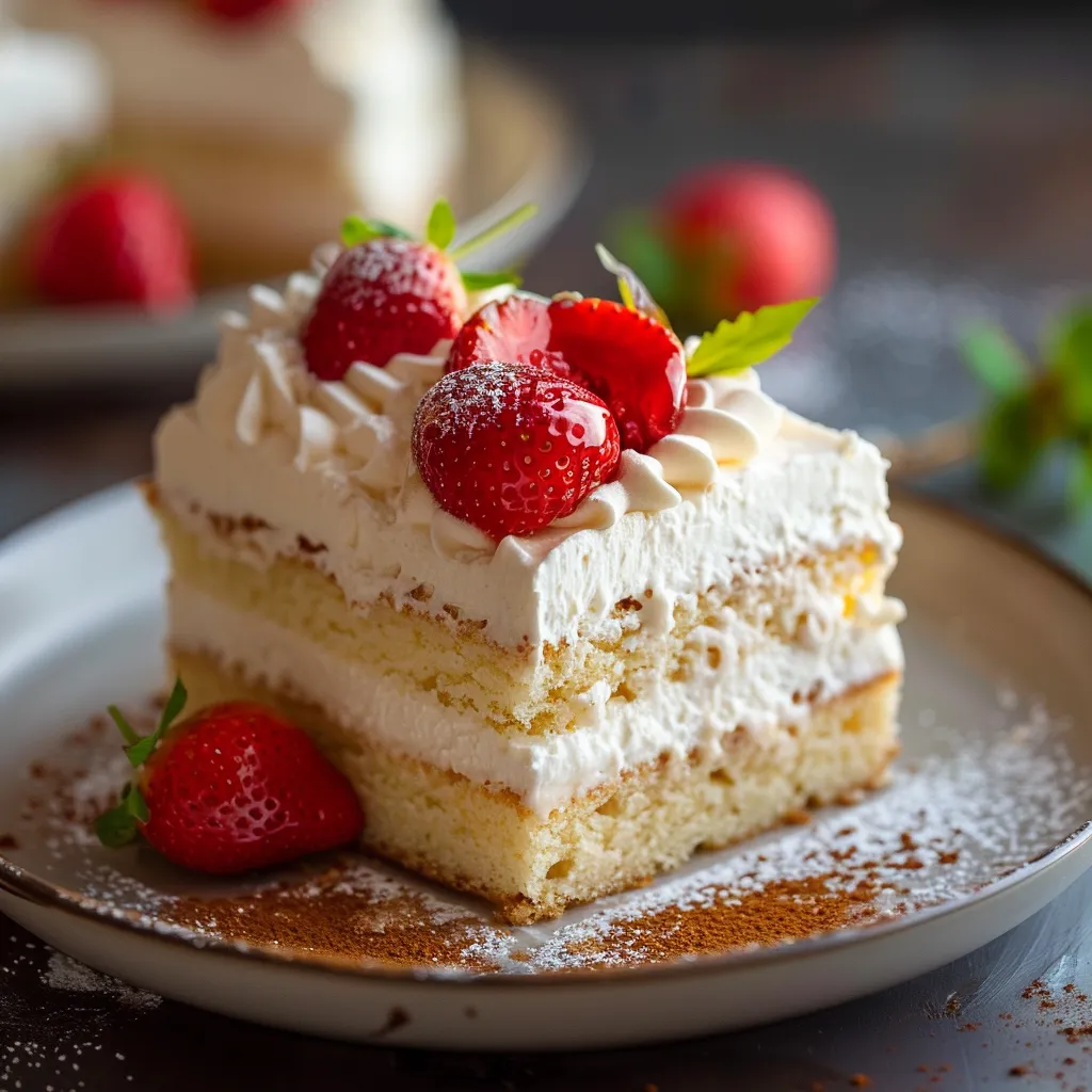A slice of cake with white frosting and strawberries on top.