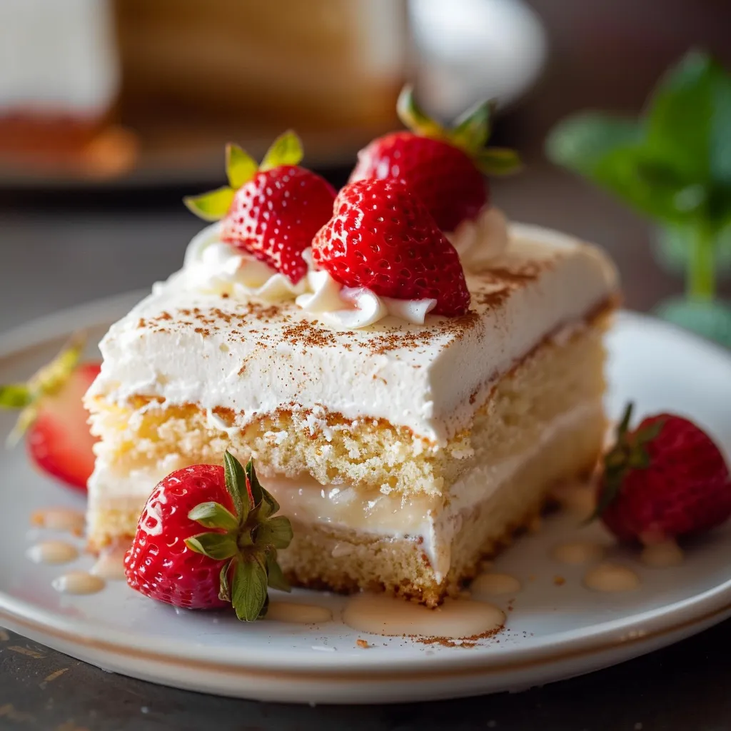 A slice of cake with white frosting and strawberries on top.