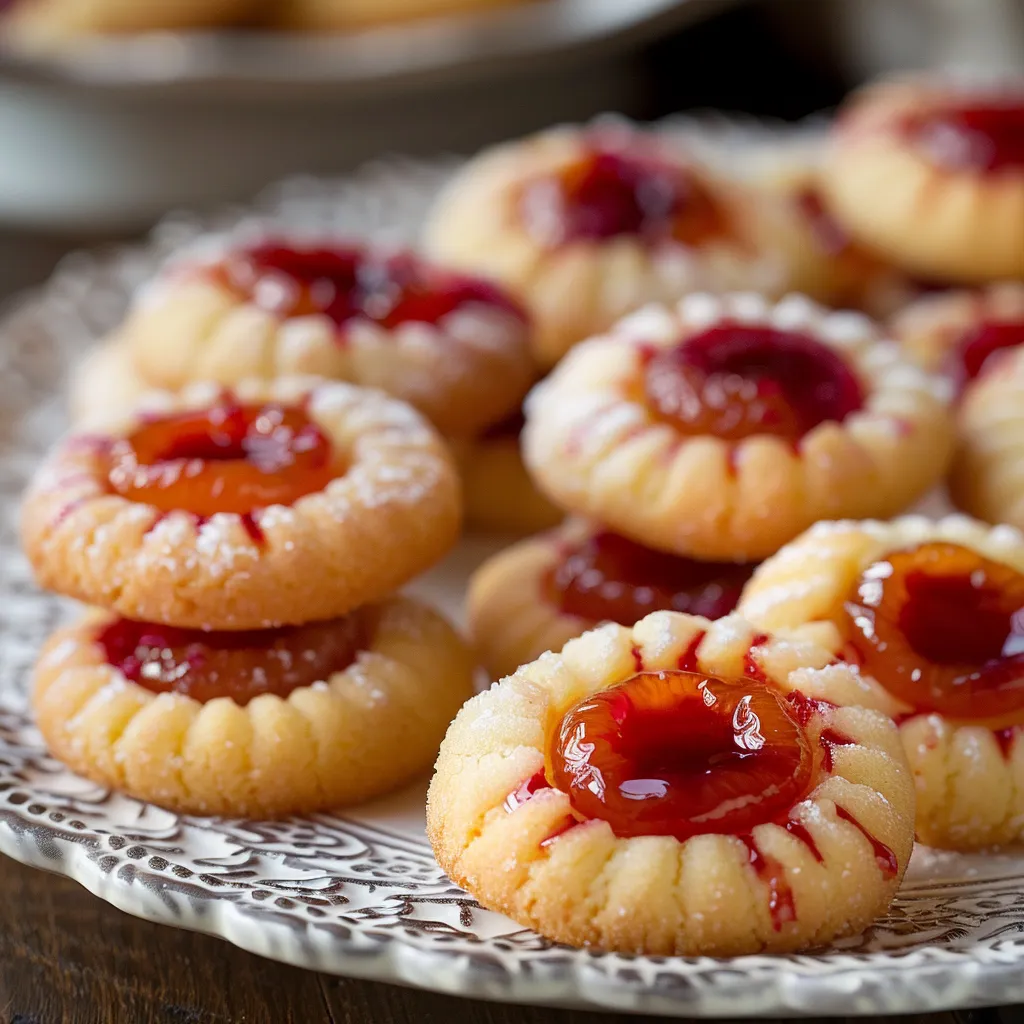 A plate of cookies with jelly on top.
