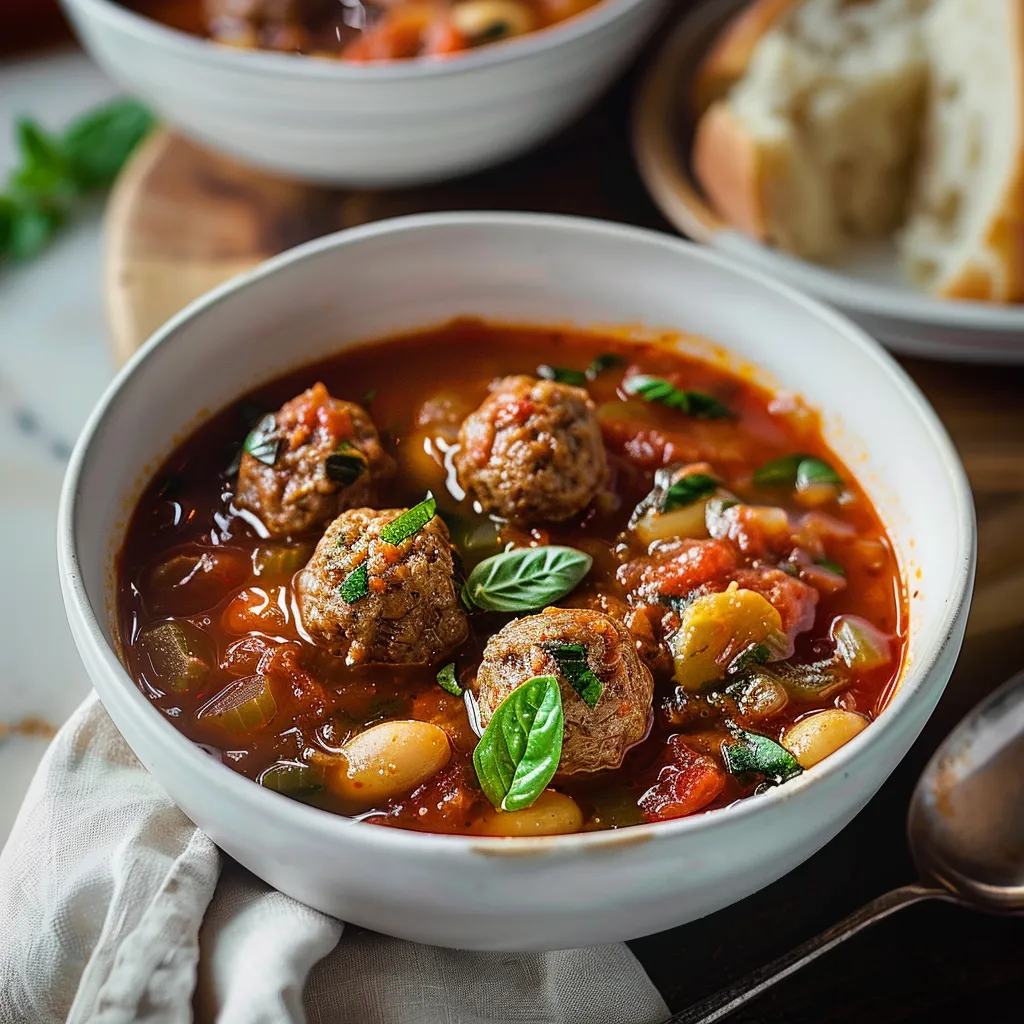 A bowl of soup with meatballs and vegetables.