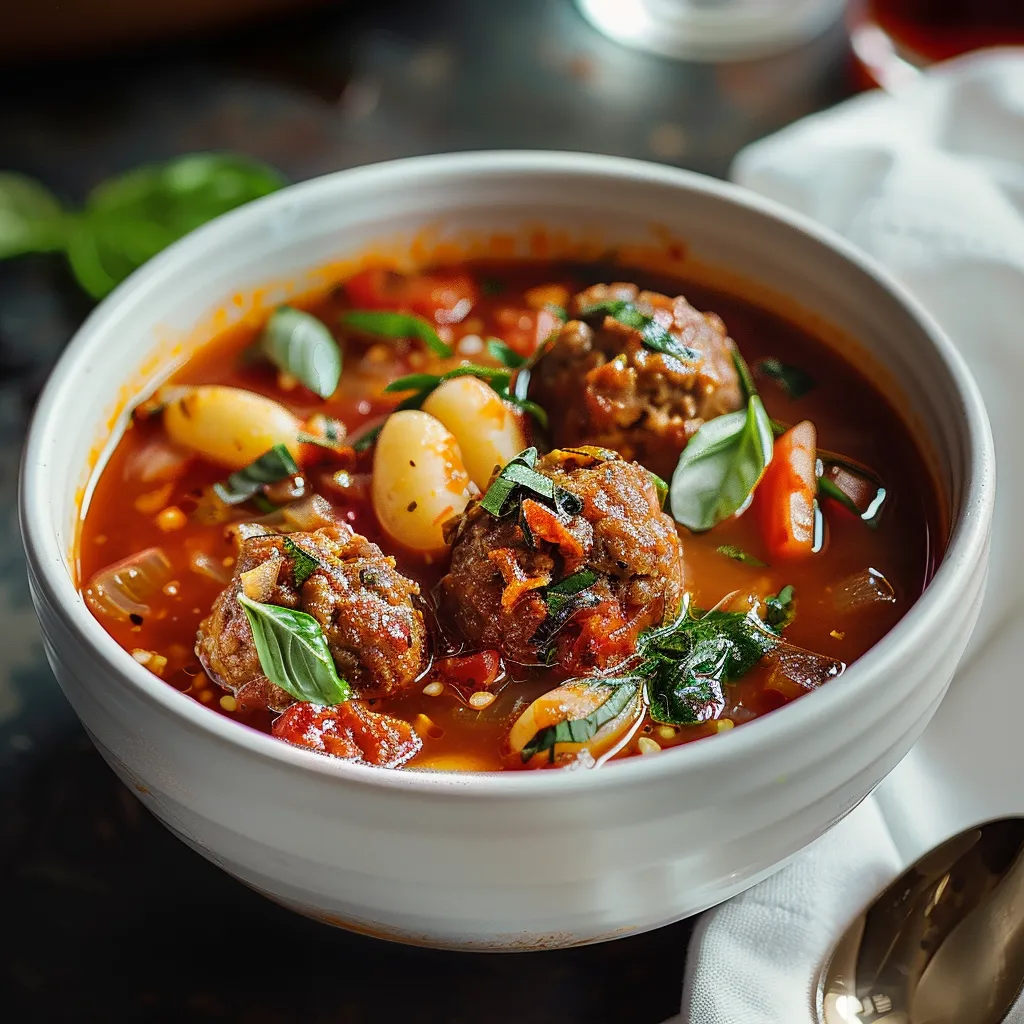 A bowl of soup with meatballs and vegetables.