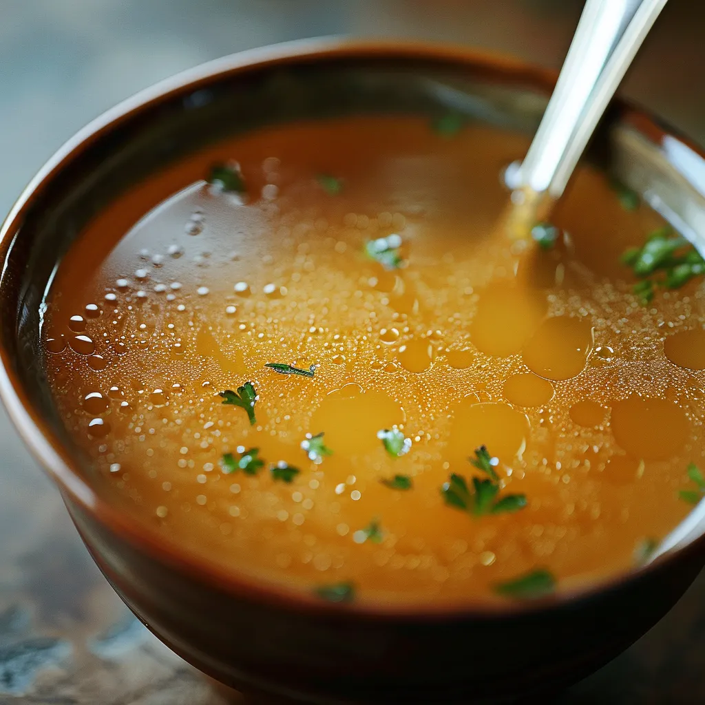 A bowl of soup with a spoon in it.