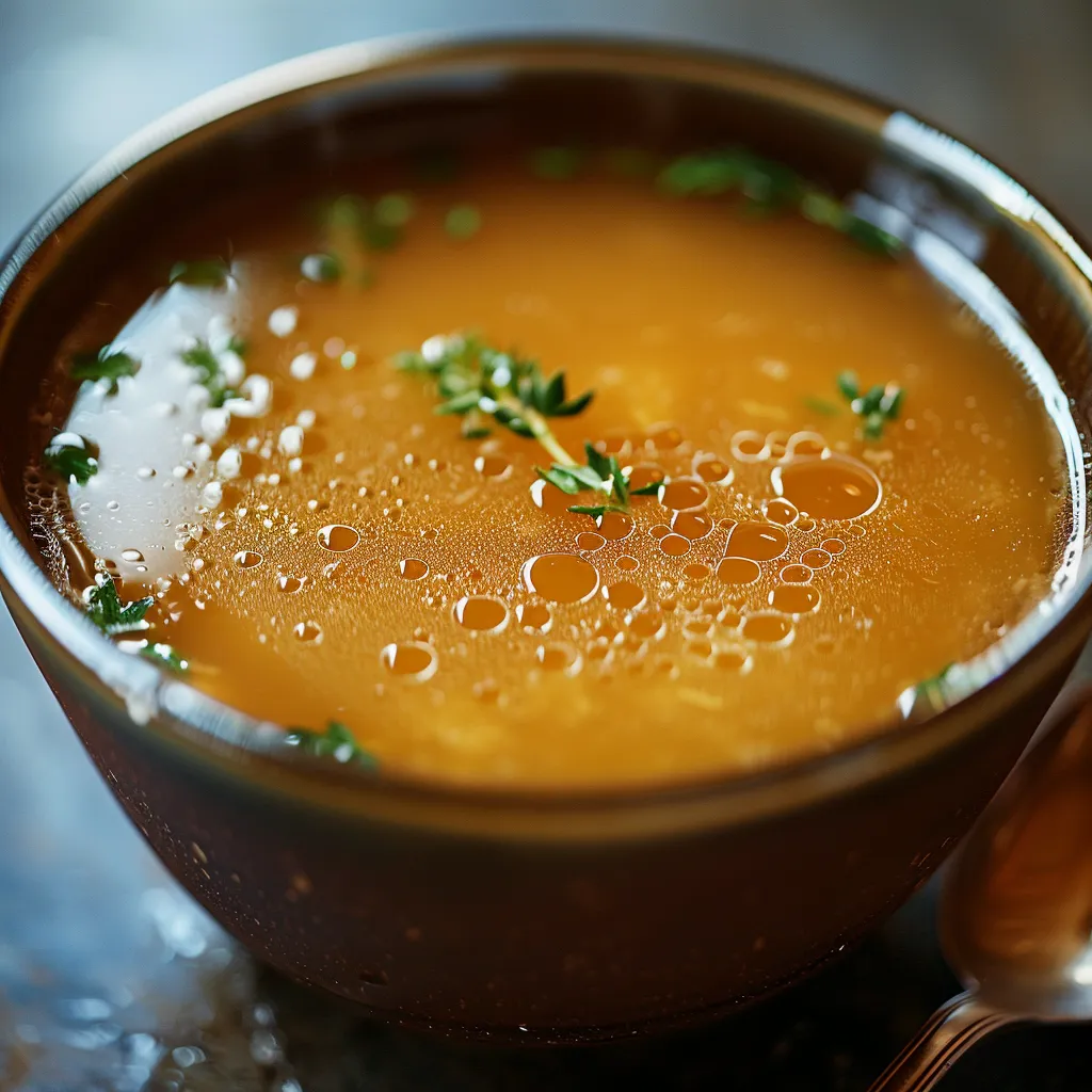 A bowl of soup with a spoon in it.