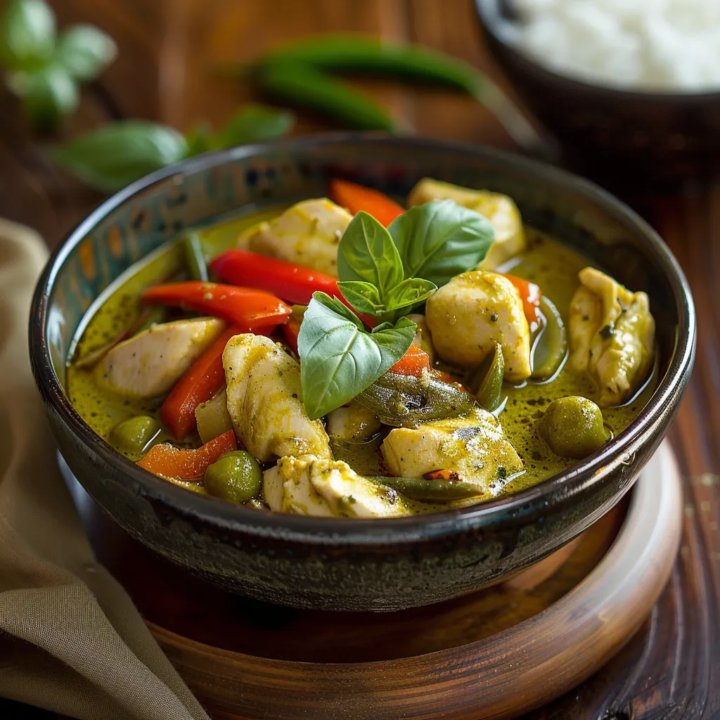 A bowl of soup with chicken, peppers, and basil.