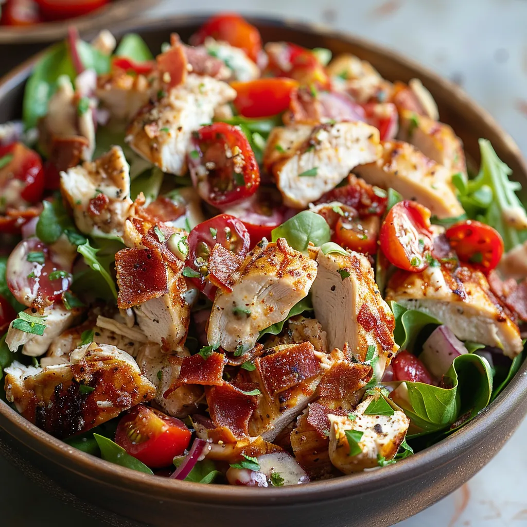 Chicken salad in a bowl with bacon, onions, and tomatoes on top.