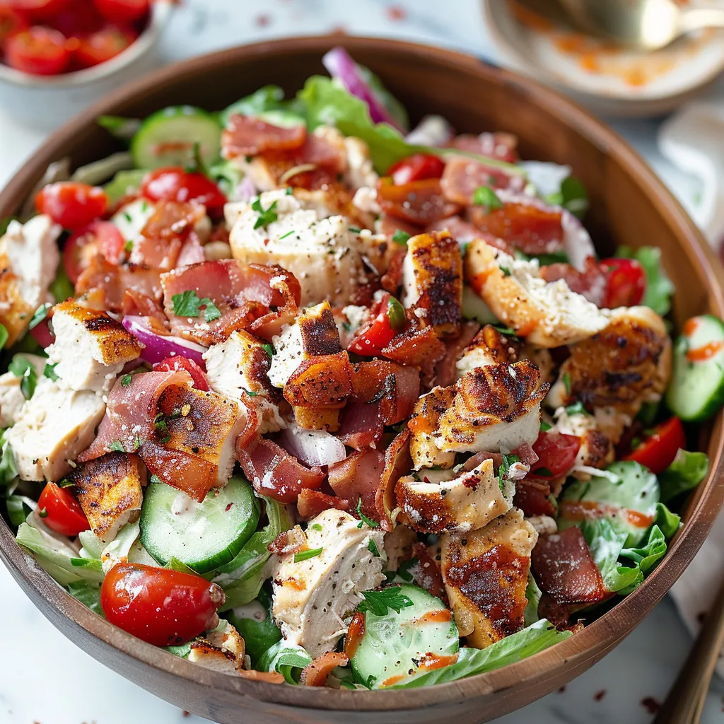 A bowl of salad with chicken, tomatoes, cucumbers, and bacon.