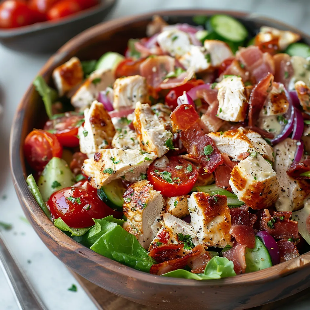 A bowl of chicken salad with tomatoes, cucumbers, and bacon.