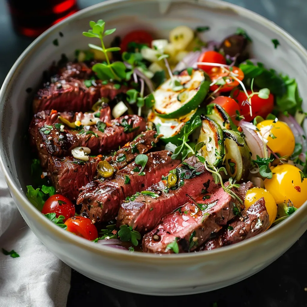 A vibrant bowl filled with steak, veggies, and greens.