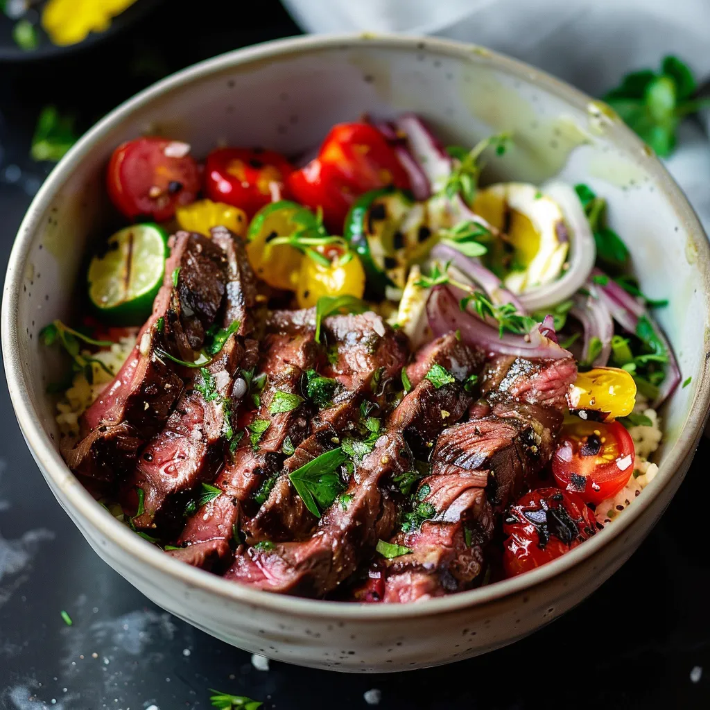 A bowl of food with meat and vegetables.