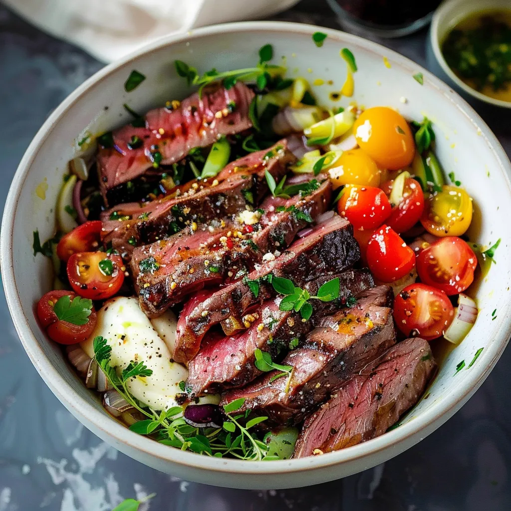 A bowl of food with meat and vegetables.