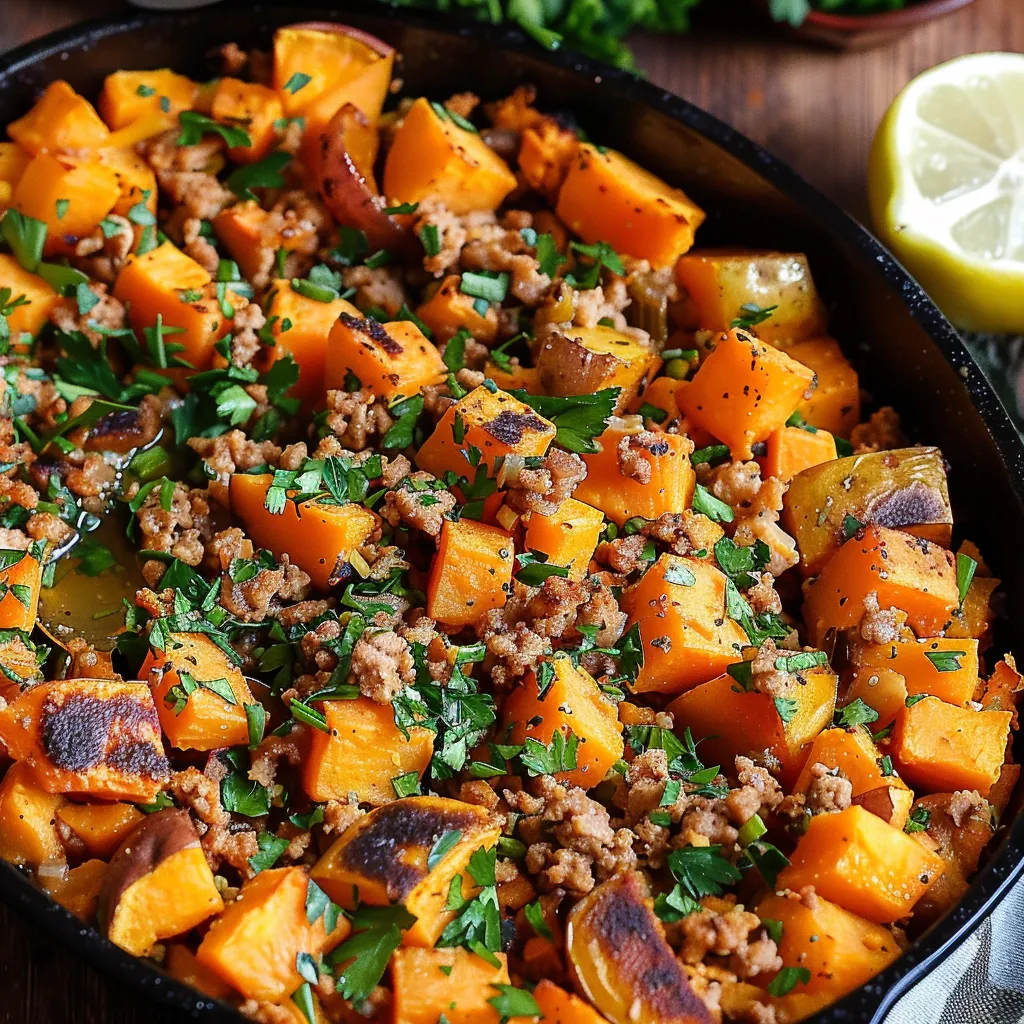 A pan of food with a lemon wedge on the side.