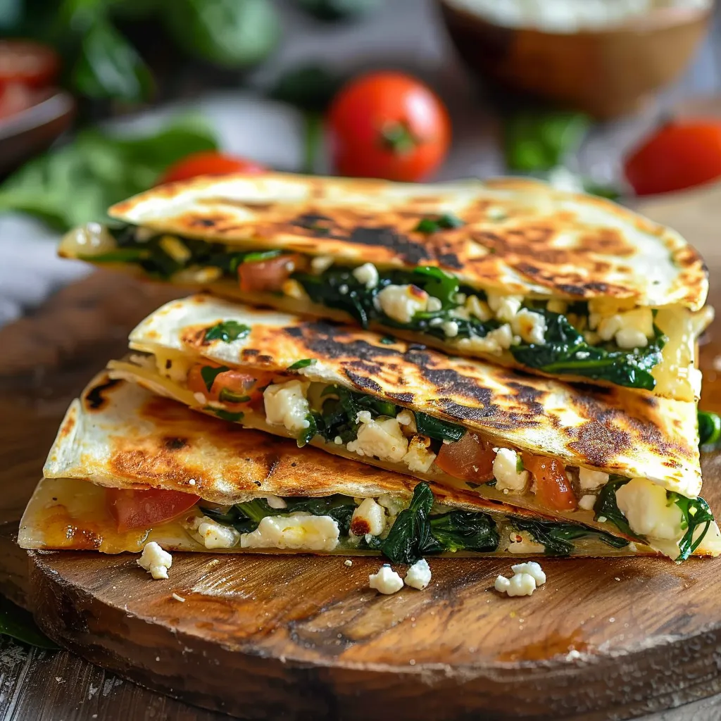 Stack of crispy wraps with spinach and tomatoes.