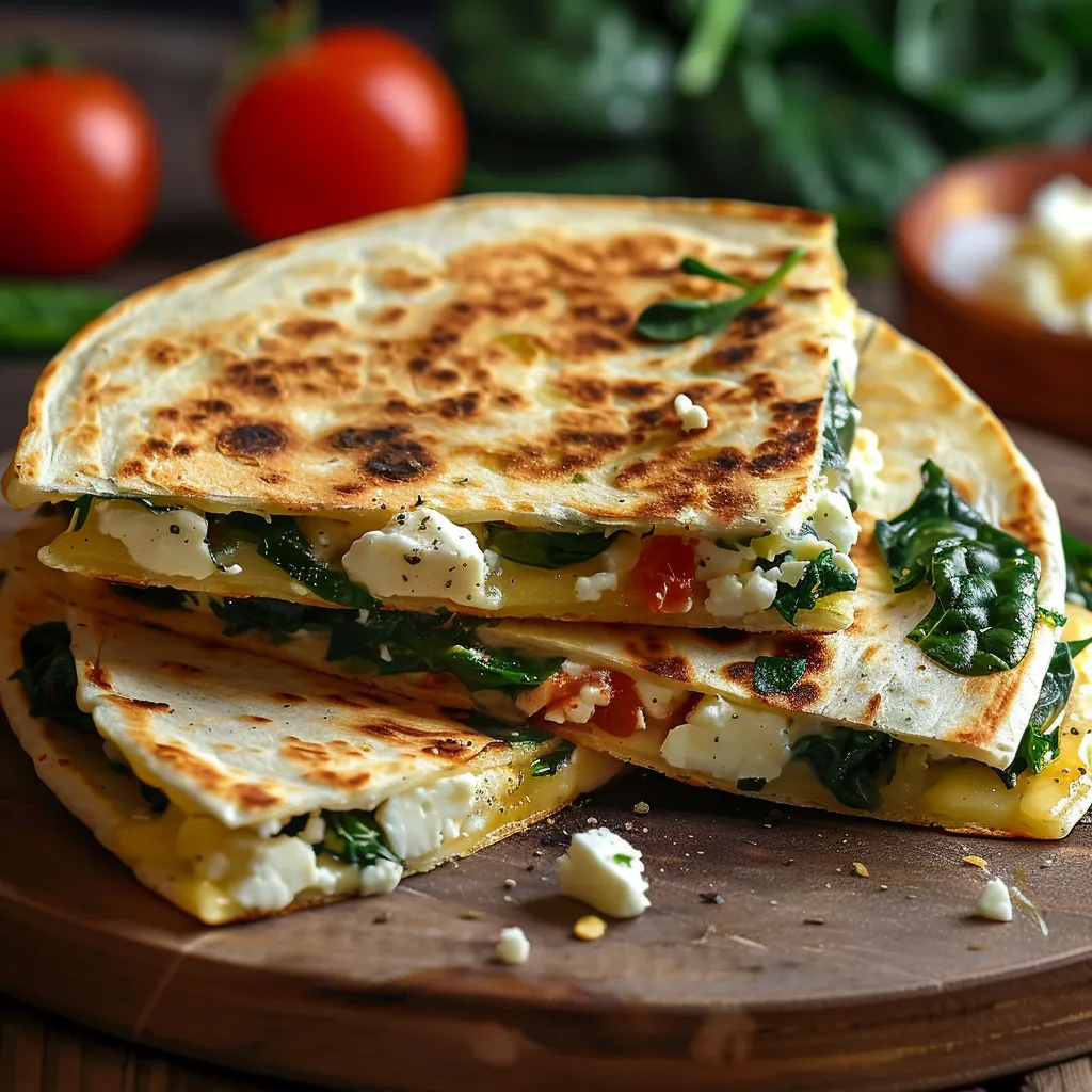 A stack of three tortillas with spinach and cheese.